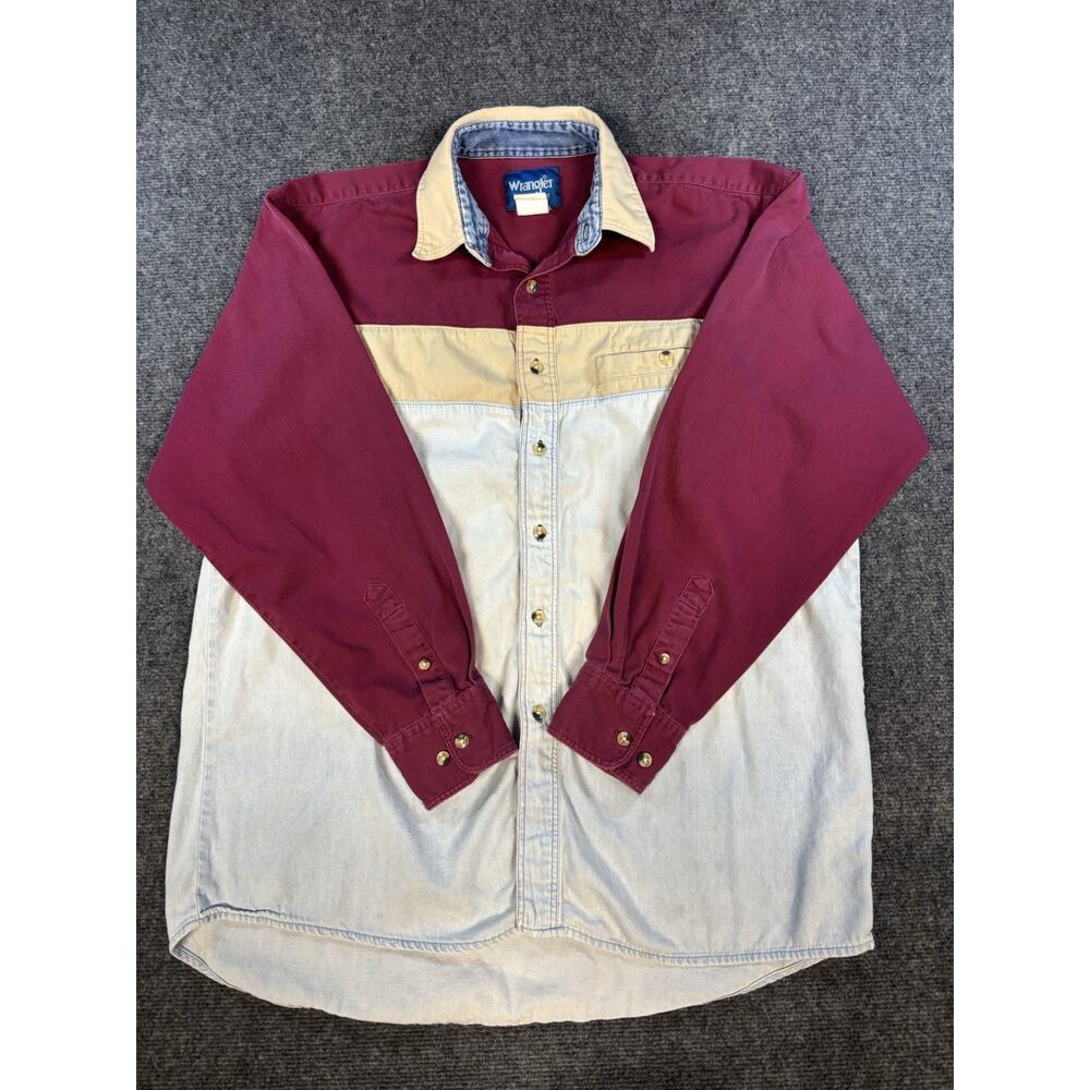 Wrangler Western Shirt Men M ColorBlock Maroon Blue Tan Stripe Cowboy Rodeo Work